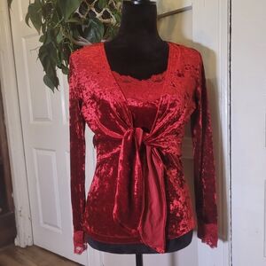 Vtg Wymsygoth Red Velvet+Lace Cardigan W Built In Tanktop Y2k/t84